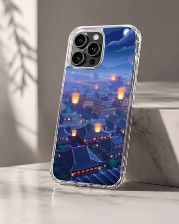 Illustrated anime cityscape with floating lanterns on phone case — Hero