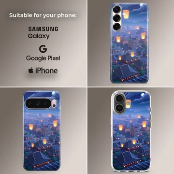 Illustrated anime cityscape with floating lanterns on phone case — Collage