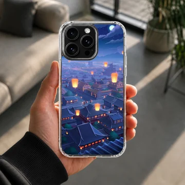 Illustrated anime cityscape with floating lanterns on phone case — Lifestyle