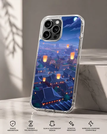 Illustrated anime cityscape with floating lanterns on phone case — Specs