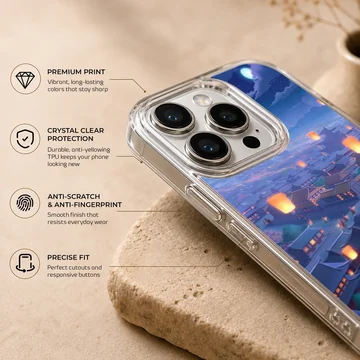 Illustrated anime cityscape with floating lanterns on phone case — Info