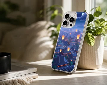 Illustrated anime cityscape with floating lanterns on phone case — Lifestyle