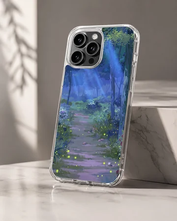 Serene forest path with blue and green hues on phone case — Hero