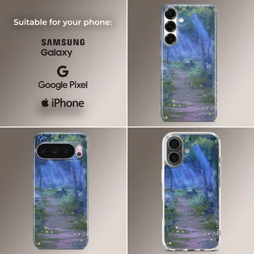 Serene forest path with blue and green hues on phone case — Collage