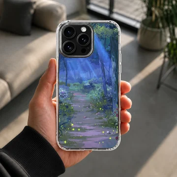 Serene forest path with blue and green hues on phone case — Lifestyle