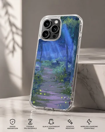 Serene forest path with blue and green hues on phone case — Specs