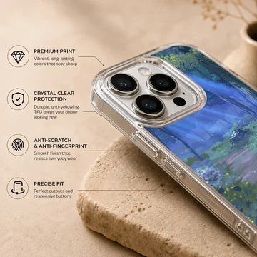 Serene forest path with blue and green hues on phone case — Info