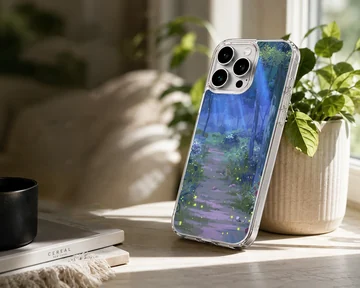Serene forest path with blue and green hues on phone case — Lifestyle