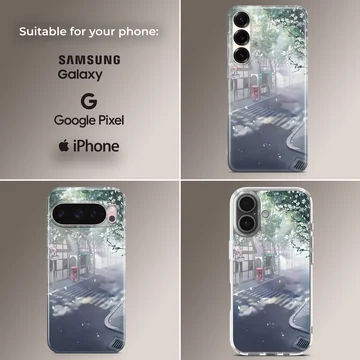 Anime urban scene with trees and buildings on phone case — Collage