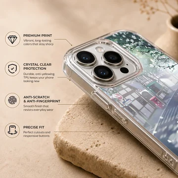 Anime urban scene with trees and buildings on phone case — Info