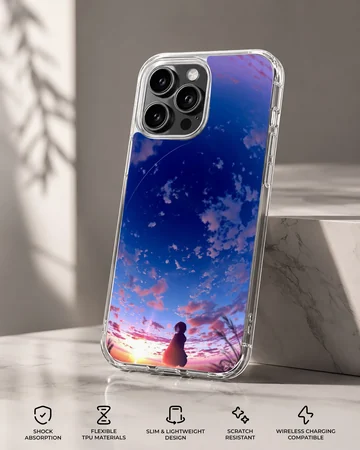 Anime background with serene sunset scene on phone case — Specs