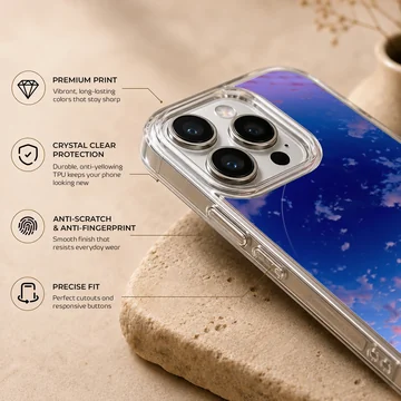 Anime background with serene sunset scene on phone case — Info