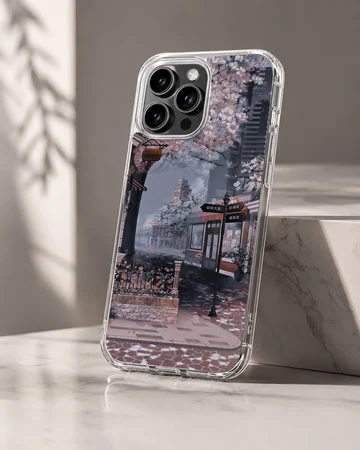 Anime background featuring a nostalgic city scene on the phone case — Hero