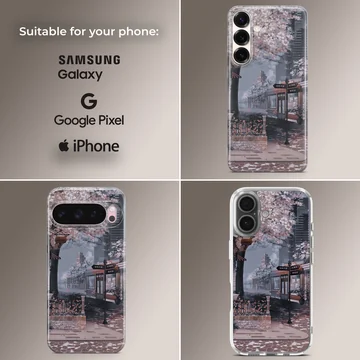 Anime background featuring a nostalgic city scene on the phone case — Collage
