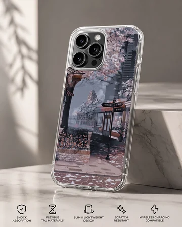 Anime background featuring a nostalgic city scene on the phone case — Specs