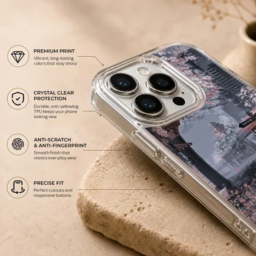 Anime background featuring a nostalgic city scene on the phone case — Info