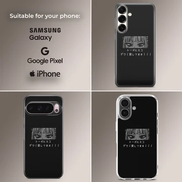 Phone case featuring edgy anime faces and bold typography. — Collage