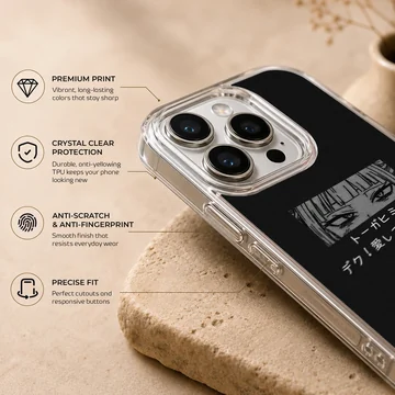 Phone case featuring edgy anime faces and bold typography. — Info