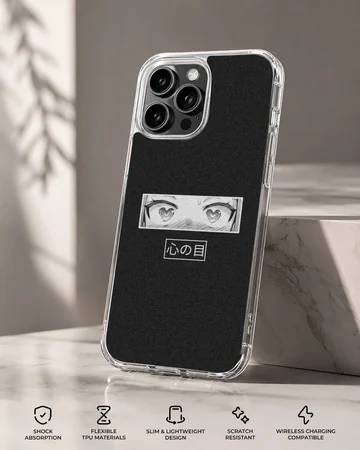 Anime faces with expressive eyes and Japanese characters on phone case — Specs
