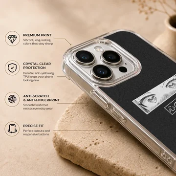 Anime faces with expressive eyes and Japanese characters on phone case — Info