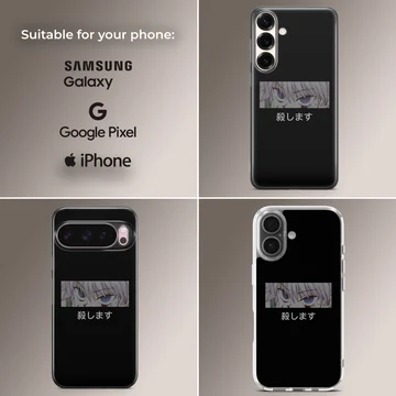 Anime-themed phone case featuring expressive faces and Japanese typography. — Collage