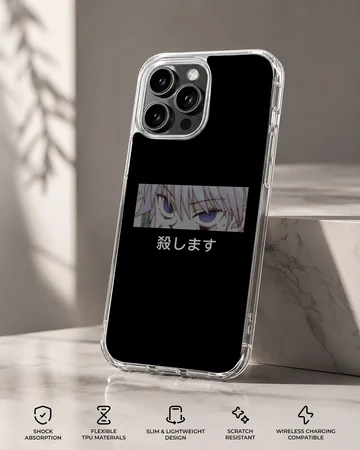 Anime-themed phone case featuring expressive faces and Japanese typography. — Specs