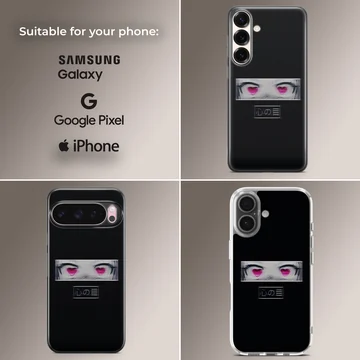 Edgy anime faces with minimalist typography on phone case — Collage