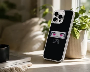 Edgy anime faces with minimalist typography on phone case — Lifestyle