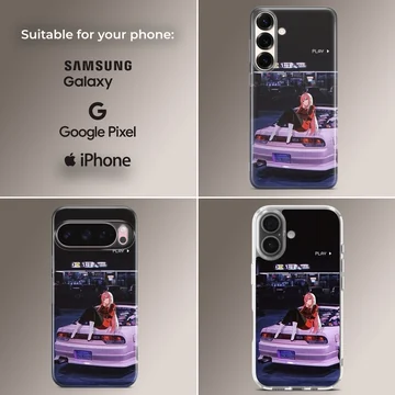 Anime character sitting on a JDM car at night on phone case — Collage