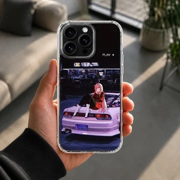 Anime character sitting on a JDM car at night on phone case — Lifestyle