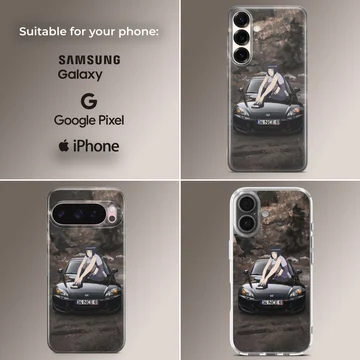 Anime JDM car design with character sitting on car phone case — Collage