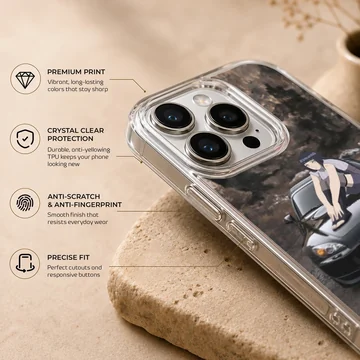 Anime JDM car design with character sitting on car phone case — Info