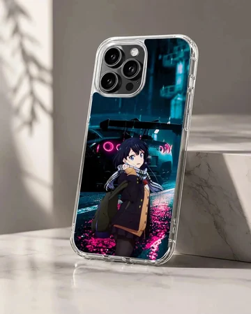 Anime character with JDM car under neon lights on phone case