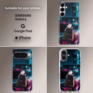 Anime character with JDM car under neon lights on phone case — Collage