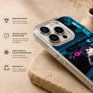 Anime character with JDM car under neon lights on phone case — Info