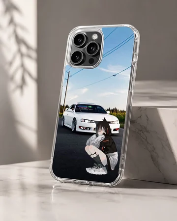 Anime JDM car with character in front of sky on phone case — Hero