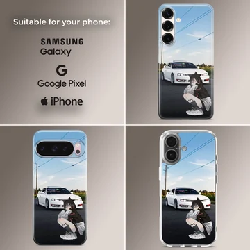 Anime JDM car with character in front of sky on phone case — Collage
