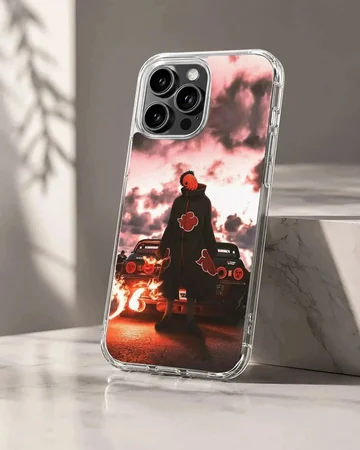 Anime character with JDM car under fiery sky on phone case