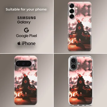 Anime character with JDM car under fiery sky on phone case — Collage