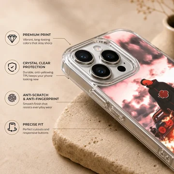 Anime character with JDM car under fiery sky on phone case — Info