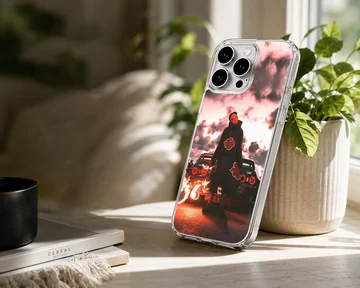Anime character with JDM car under fiery sky on phone case — Lifestyle