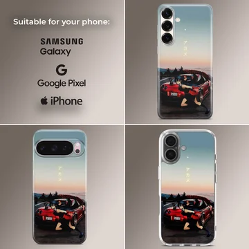 Anime JDM phone case featuring a red sports car and anime character. — Collage