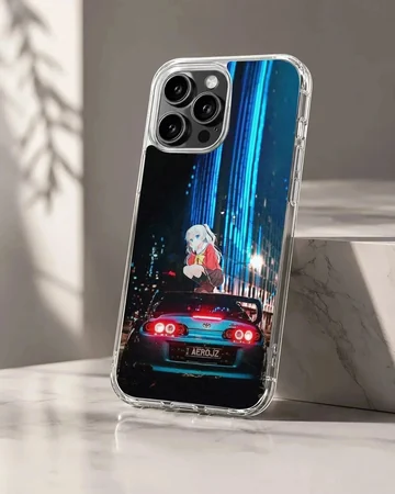 Anime character with JDM car against city backdrop on phone case