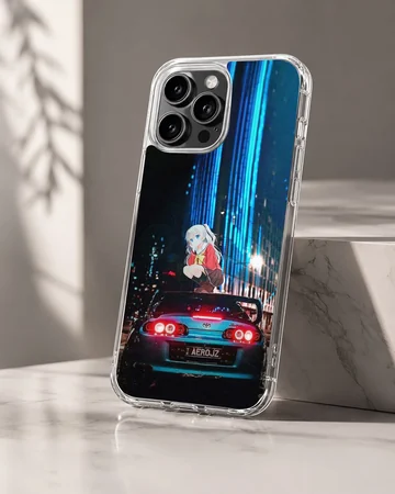 Anime character with JDM car against city backdrop on phone case — Hero