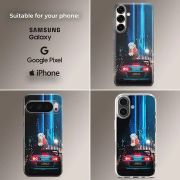 Anime character with JDM car against city backdrop on phone case — Collage