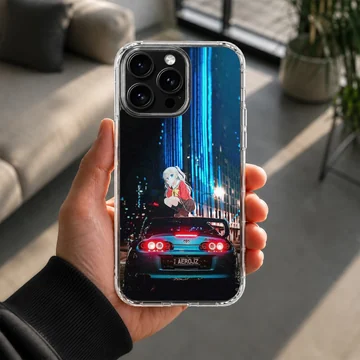 Anime character with JDM car against city backdrop on phone case — Lifestyle