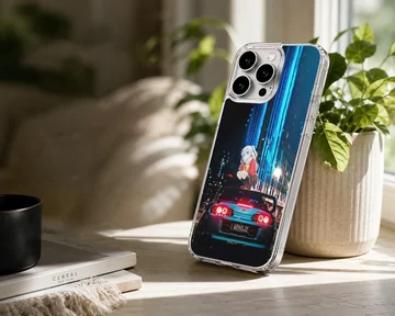 Anime character with JDM car against city backdrop on phone case — Lifestyle