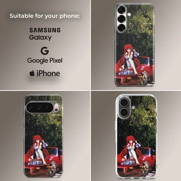 Anime JDM phone case featuring a red sports car with anime character — Collage
