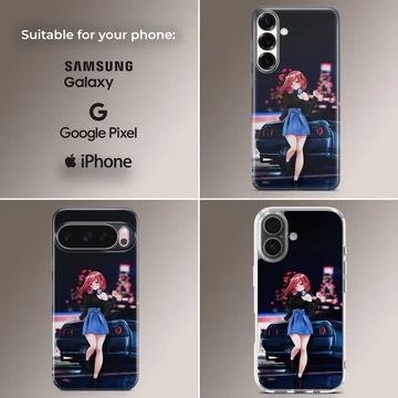 Anime character with car in bold colors on phone case — Collage