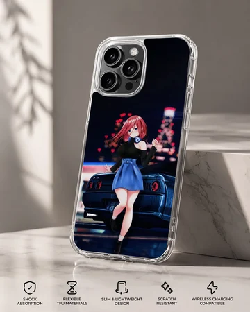 Anime character with car in bold colors on phone case — Specs